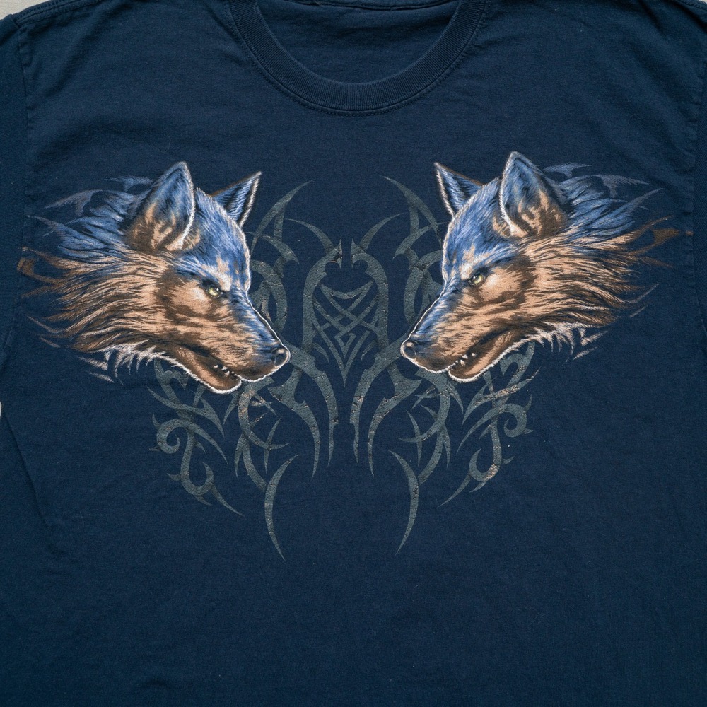 Vintage Y2k 2000s Tribal Sigil 2 Wolves Navy Blue T Shirt Adult M Surf Skate - Picture 2 of 5